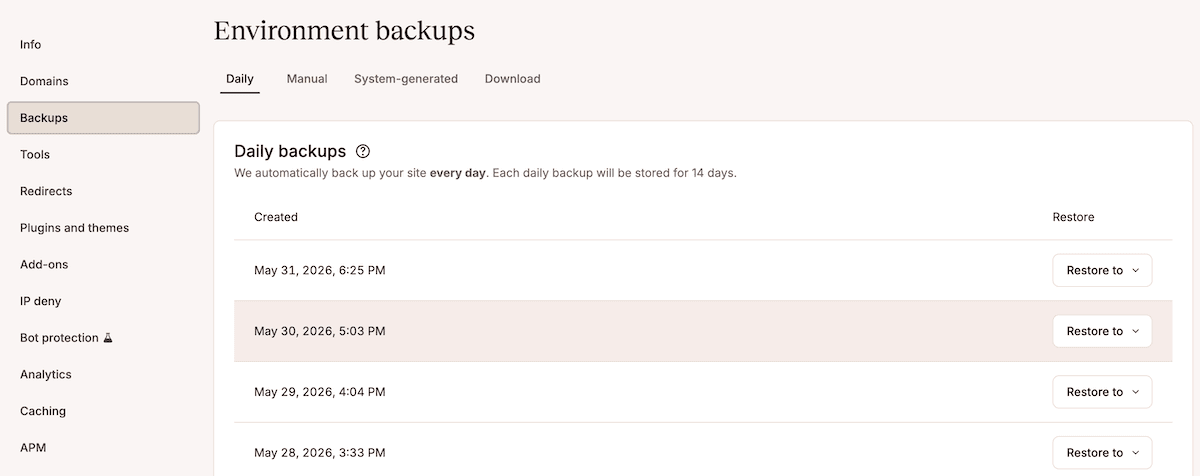 The Backups tab in MyKinsta showing Daily, Hourly, Manual, System Generated, and Download tabs with a list of timestamped backup entries.