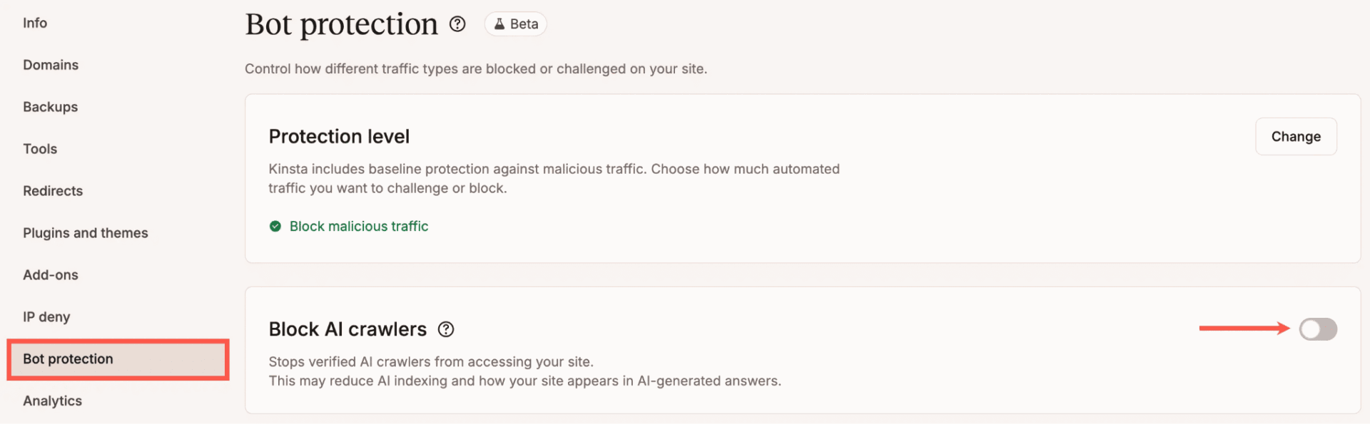 Kinsta bot protection block AI crawlers