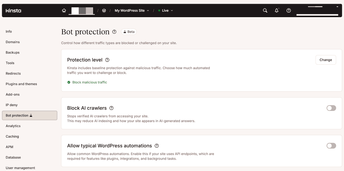 The Bot Protection screen in MyKinsta showing options for the protection level, AI crawler blocking, and to allow for typical WordPress automations.