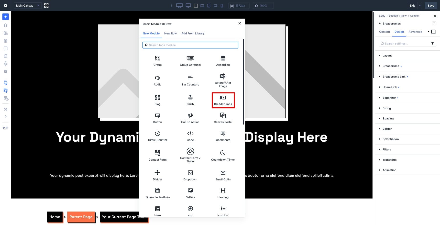 Divi 5 Breadcrumbs module in the Visual Builder