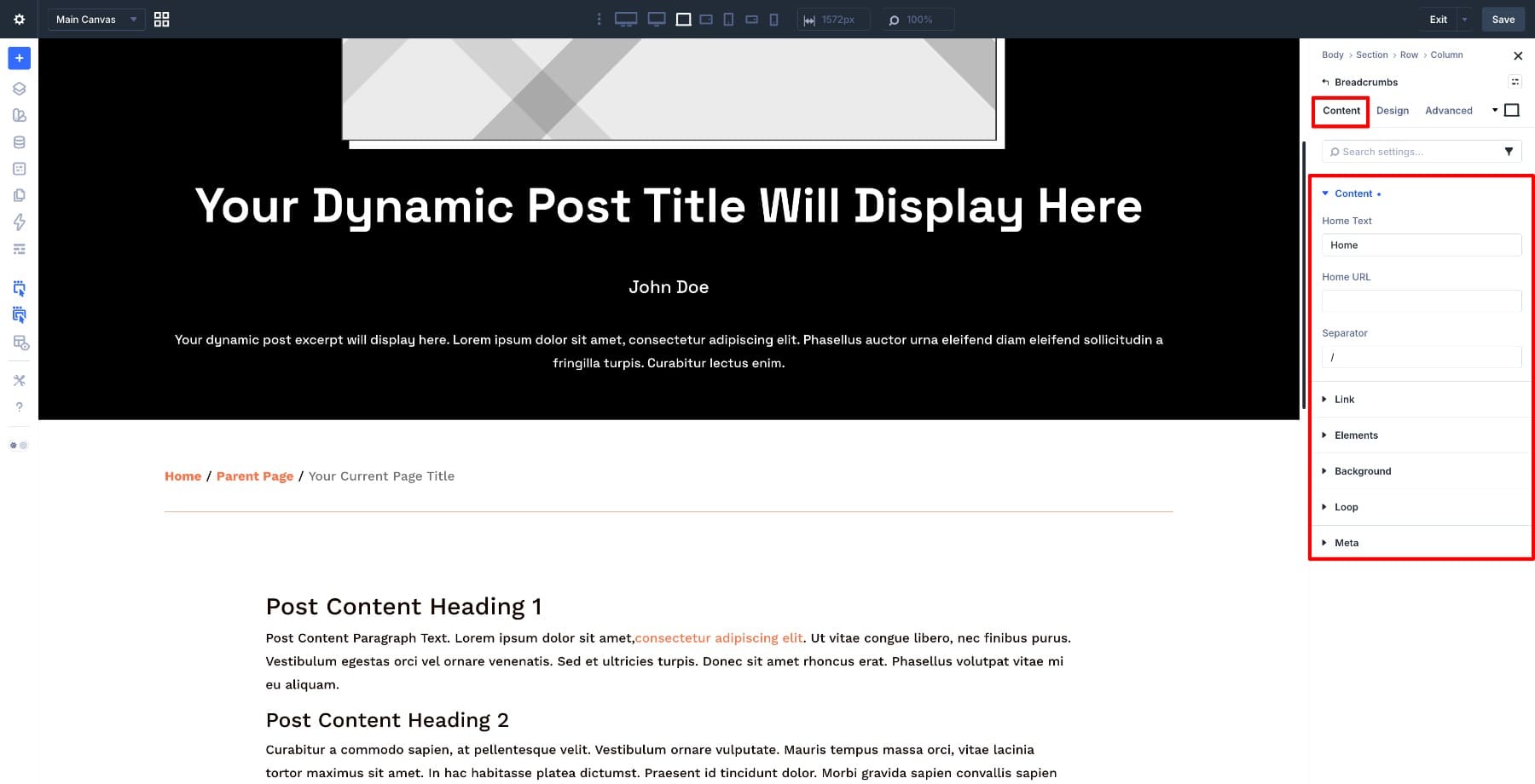 Content tab settings for the Divi 5 Breadcrumbs module