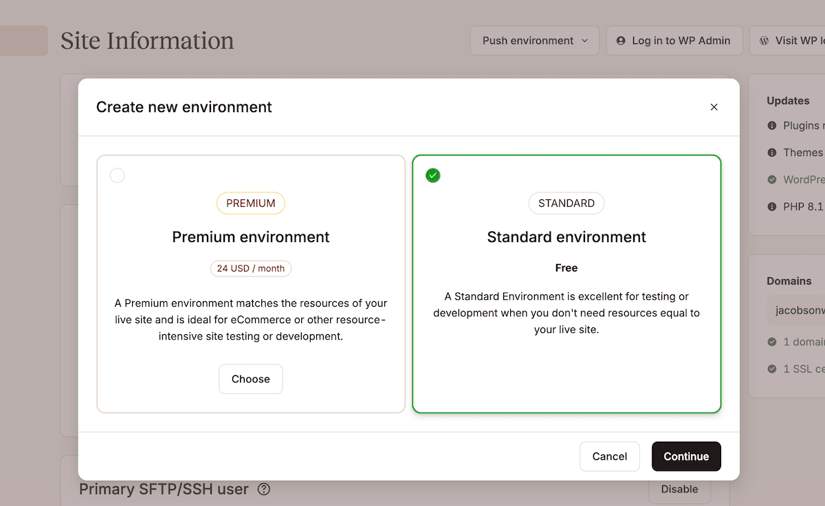 The Create new environment modal in MyKinsta showing options for Standard and Premium environment types.