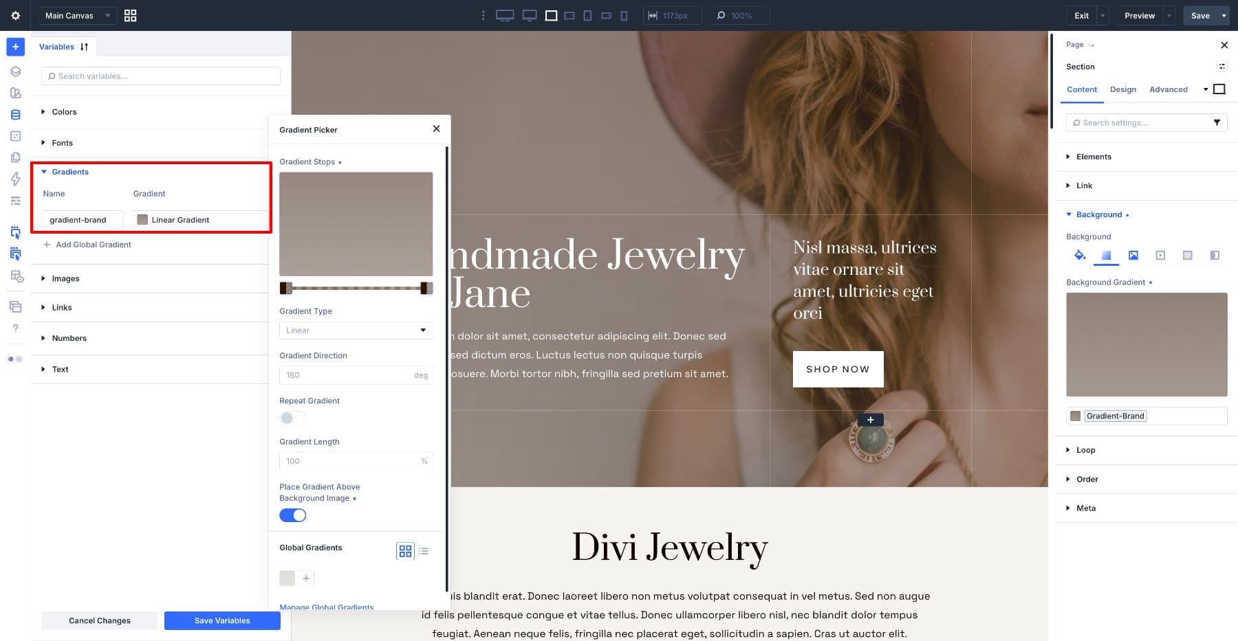 Gradient Variable saved in the Divi 5 Variable Manager