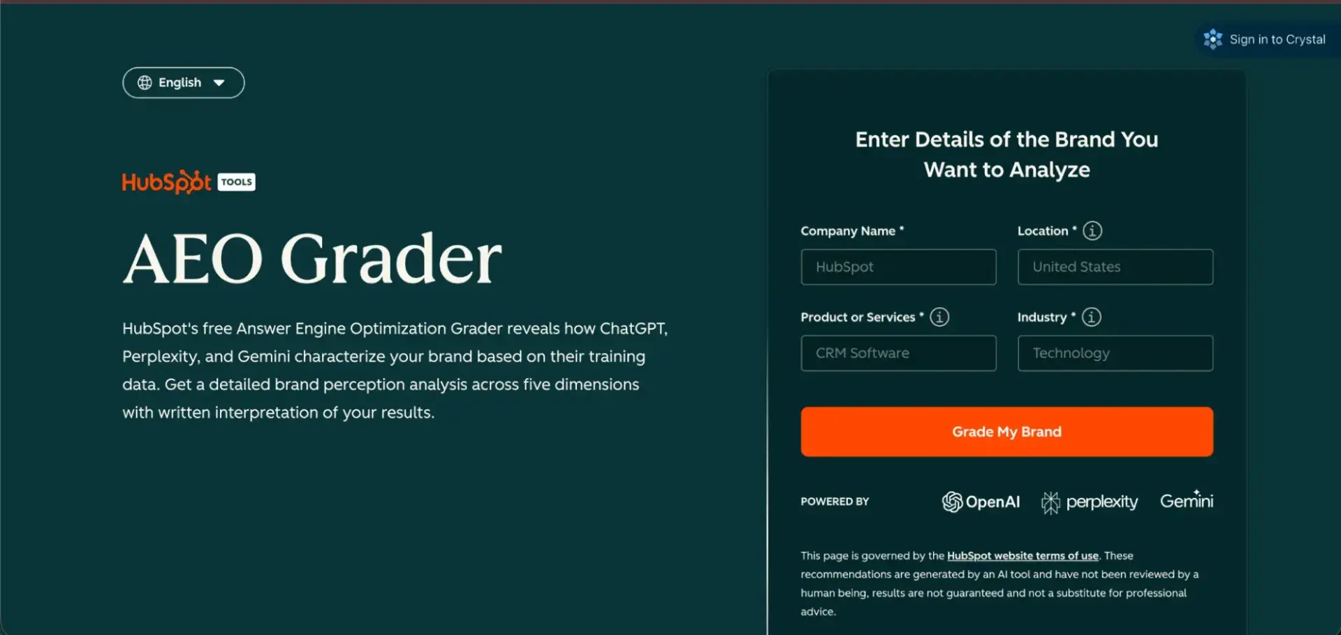HubSpot AEO vs SE Ranking; HubSpot AEO Grader tool interface with input form for brand analysis in HubSpot AEO vs SE Ranking comparison