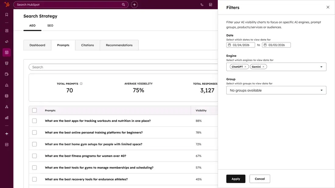 HubSpot AEO vs SE Ranking filters panel for AI visibility charts with engine selection, date range, and prompt group options