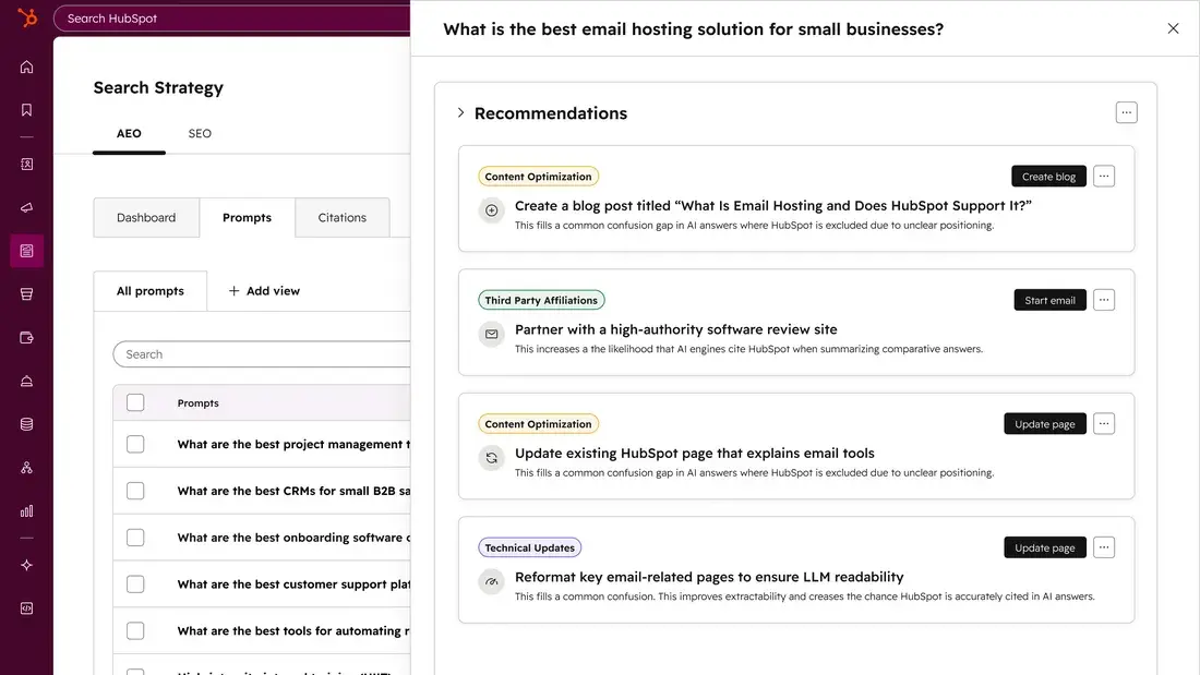 HubSpot AEO vs SE Ranking; HubSpot AEO recommendations panel showing AI-powered content optimization suggestions for email hosting visibility