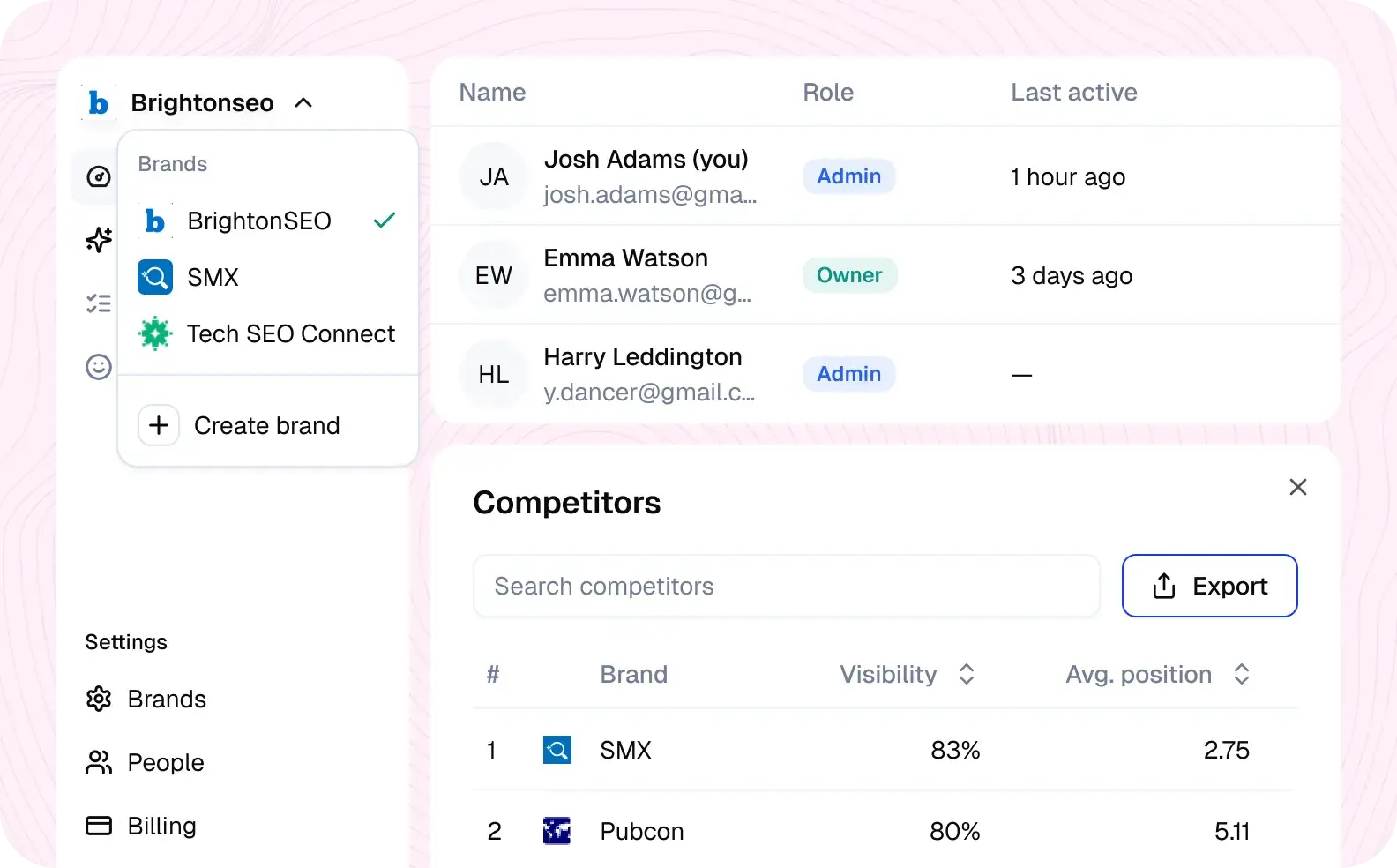 HubSpot AEO vs SE Ranking; SE Ranking brand management interface with multiple brands listed and competitor visibility and average position data