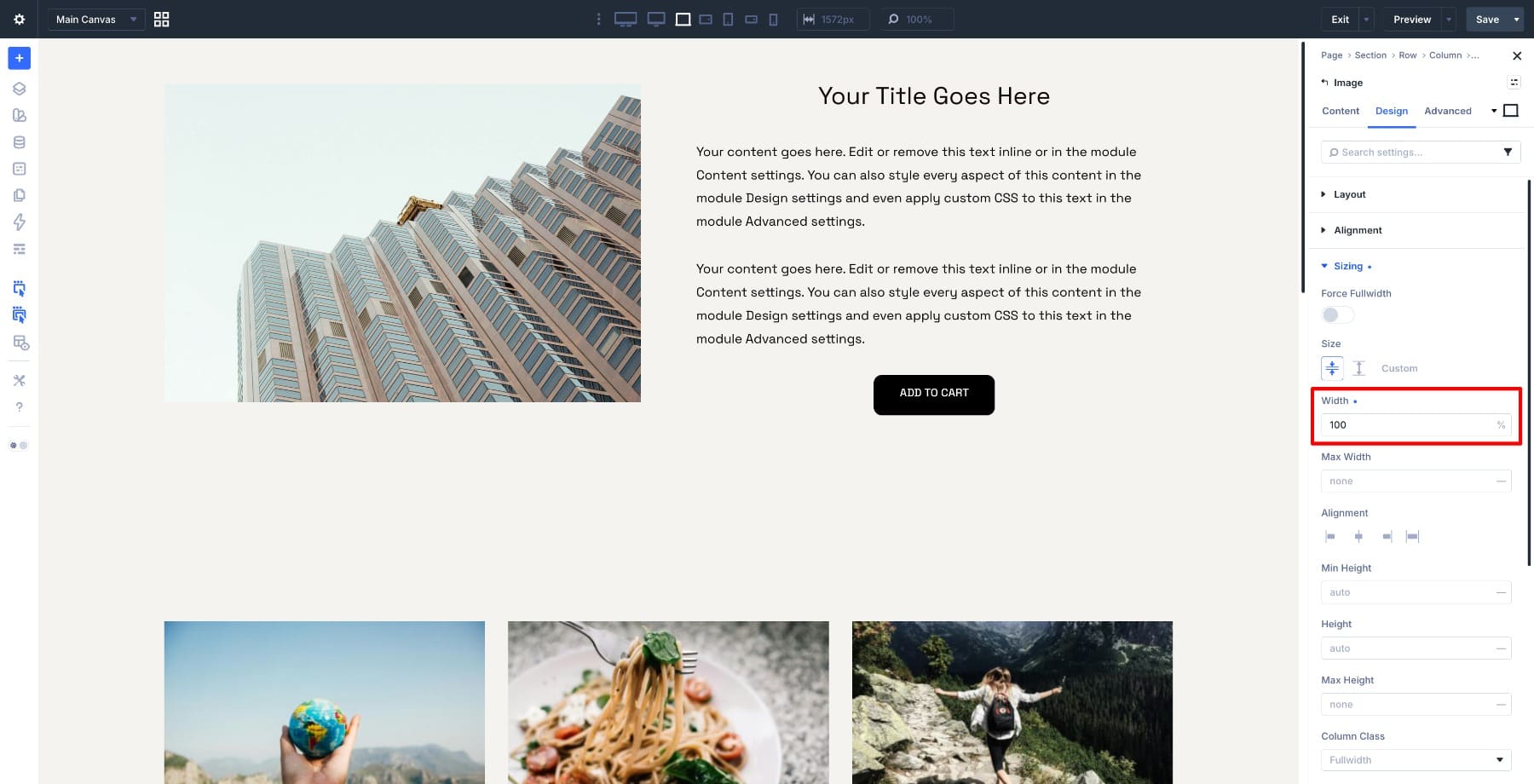 Setting the Image module width to 100 percent