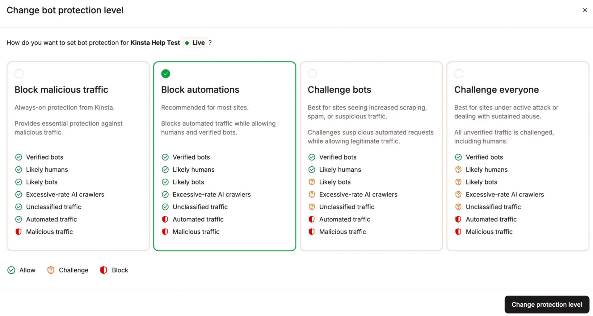 Kinsta bot protection levels