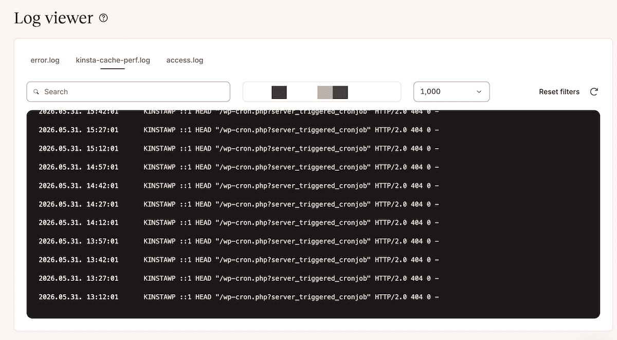 The Kinsta Log screen showing the kinsta-cache-perf.log complete with errors and entries.