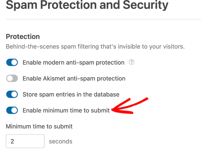 The WPForms minimum time to submit anti-spam setting