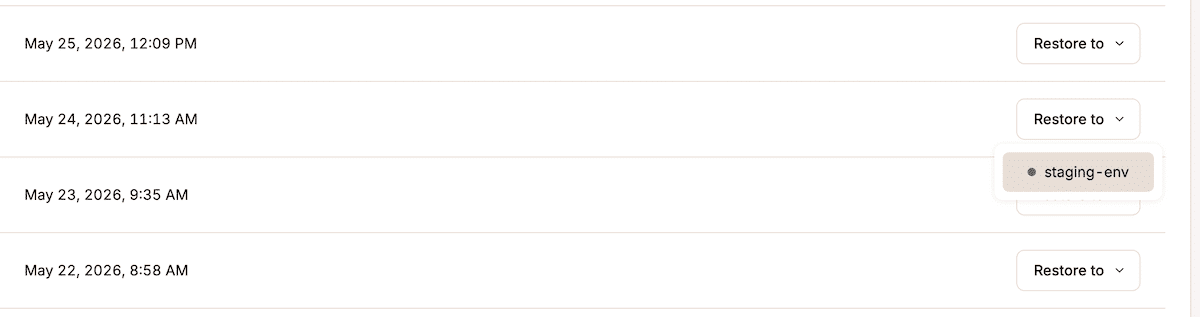The Restore to dropdown in MyKinsta showing options to restore a backup to the live environment or a staging environment.