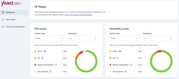 SaaS SEO tools screenshot showing Yoast SEO on-page analysis and internal linking suggestions in WordPress.