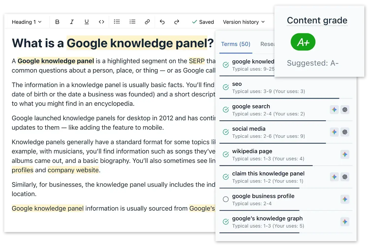 saas seo tools screenshot showing clearscope content grading and term recommendations.