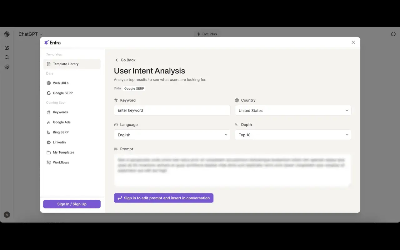 saas seo tools screenshot showing enfra chrome extension adding live serp data to an ai-assisted content workflow.