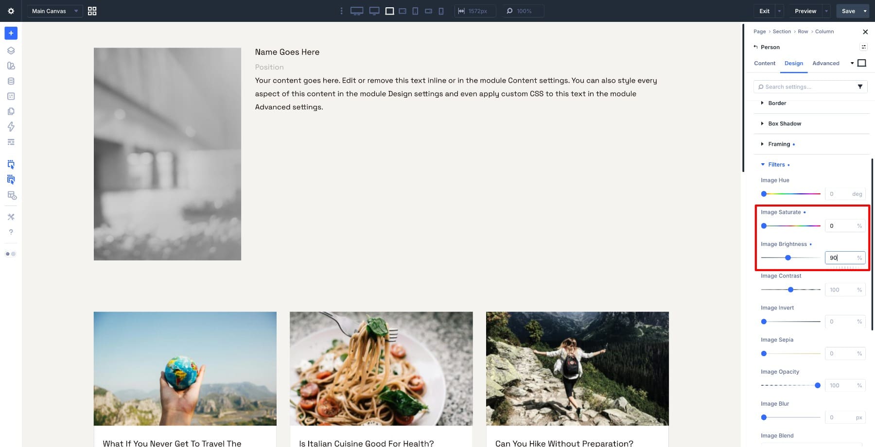 Setting saturation and brightness filters for the Person module image