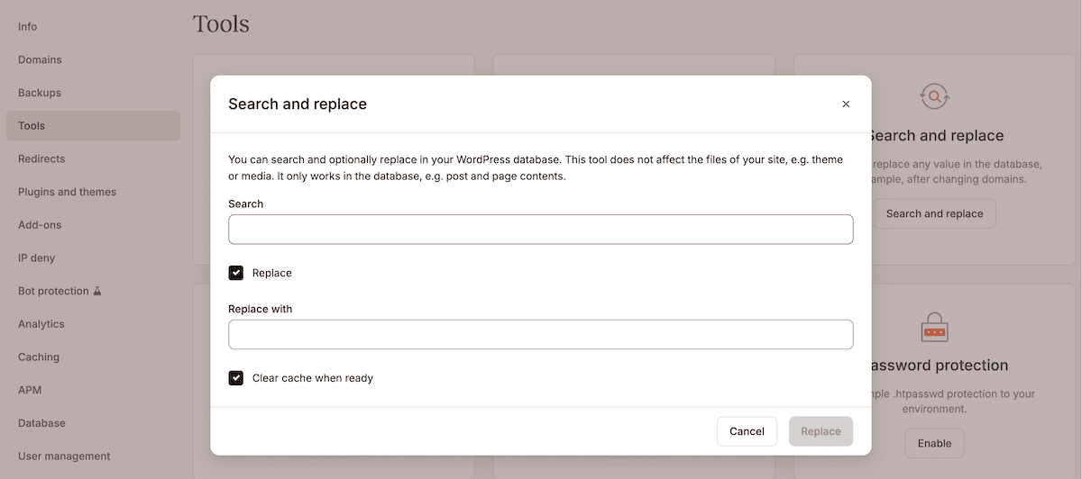 The Search and Replace tool in MyKinsta showing input fields for the search string and replacement string with a Replace button.