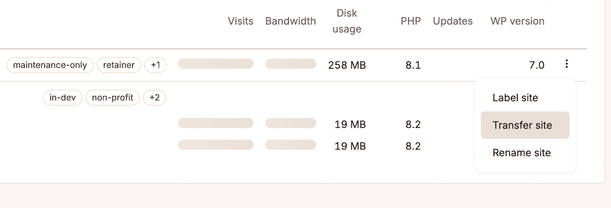 The MyKinsta Sites list with the three-dot kebab menu open on a site row, showing Transfer site as one of the available options.