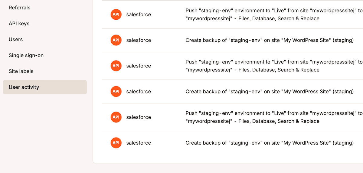 The User Activity screen within MyKinsta showing a number of entries based on actions taken by the user.