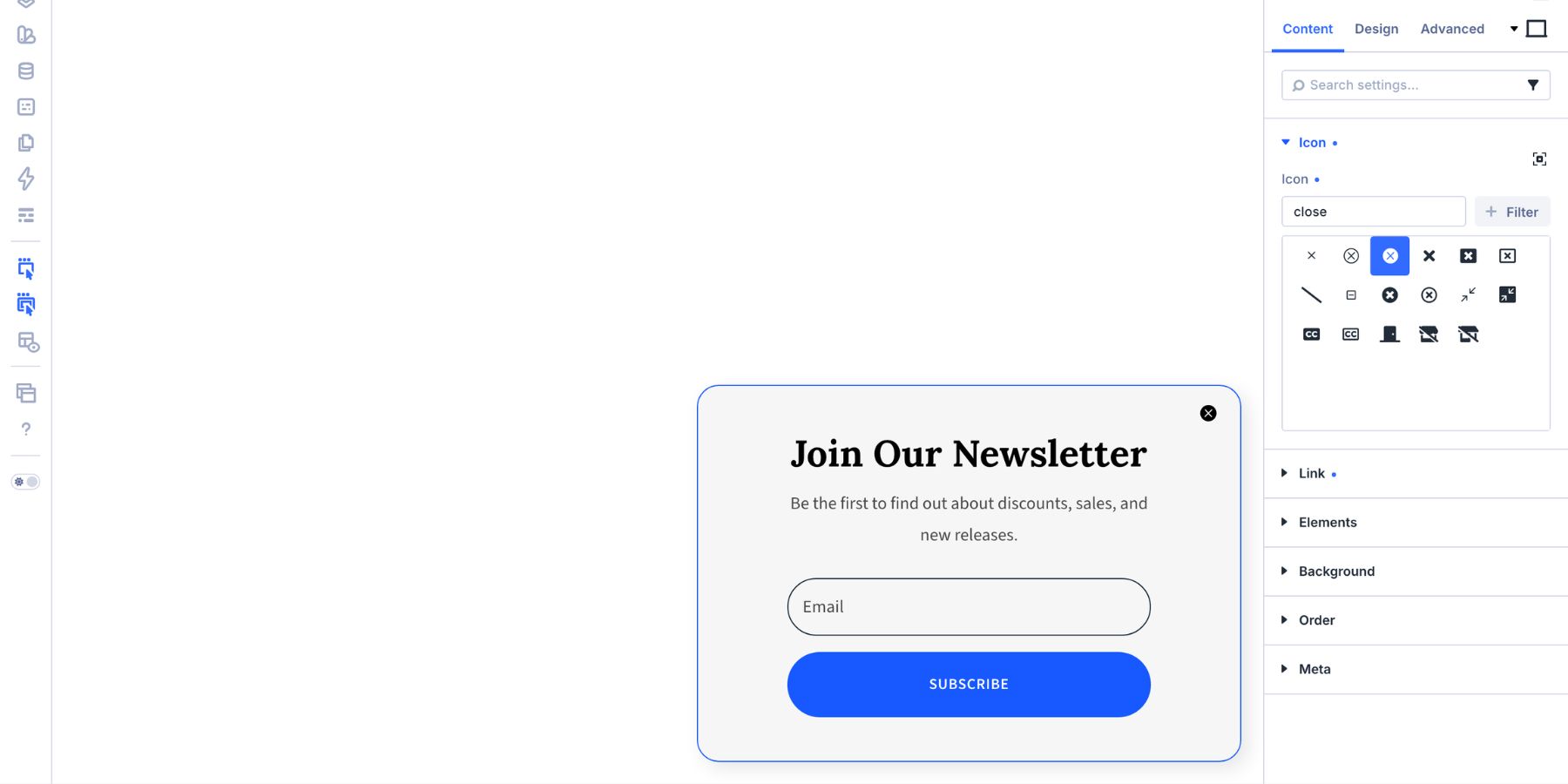 Adding and positioning the close icon for the minimalist popup