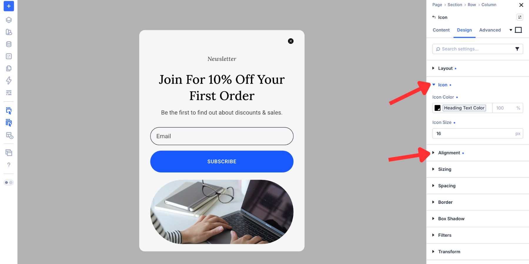 Adding and styling a close icon for the email popup