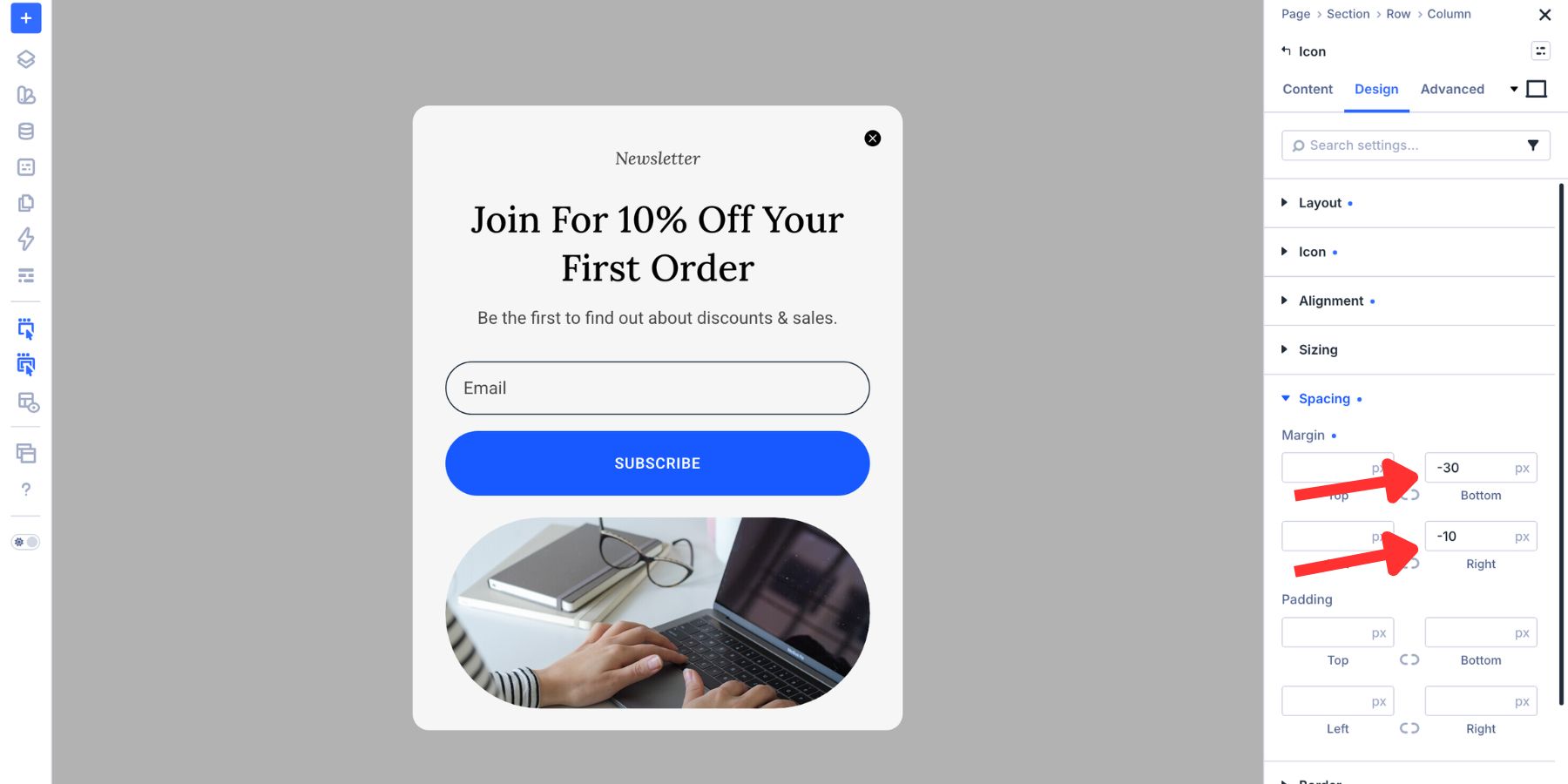 Positioning the close icon with spacing adjustments
