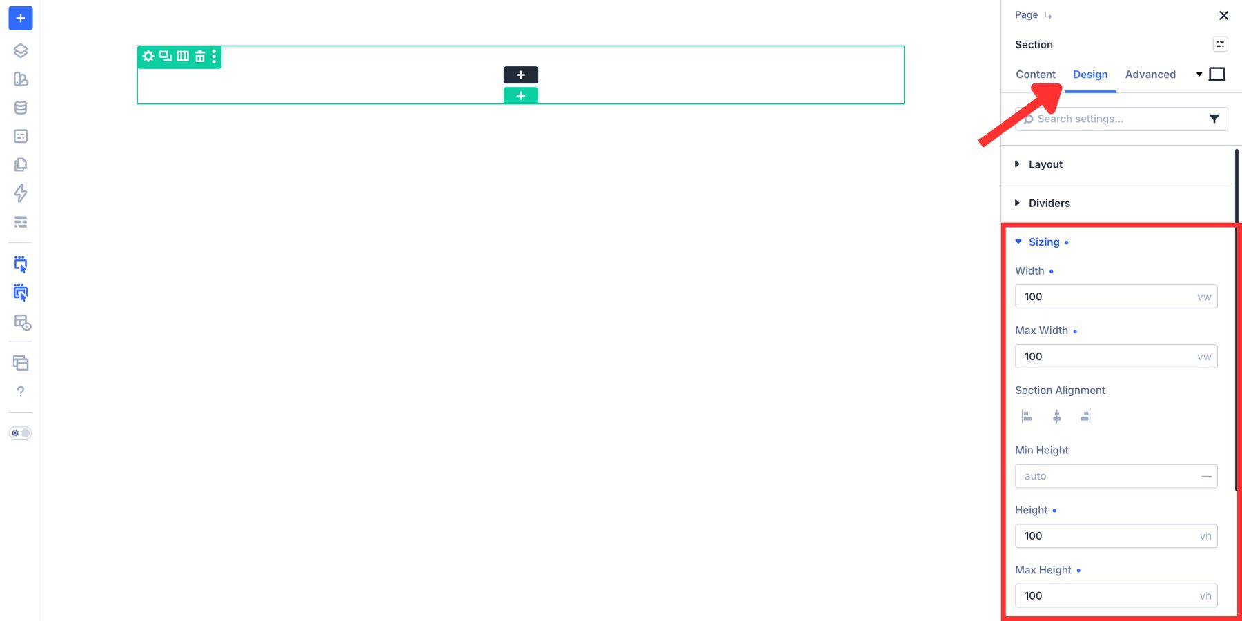 Setting the popup section width and height in Divi 5