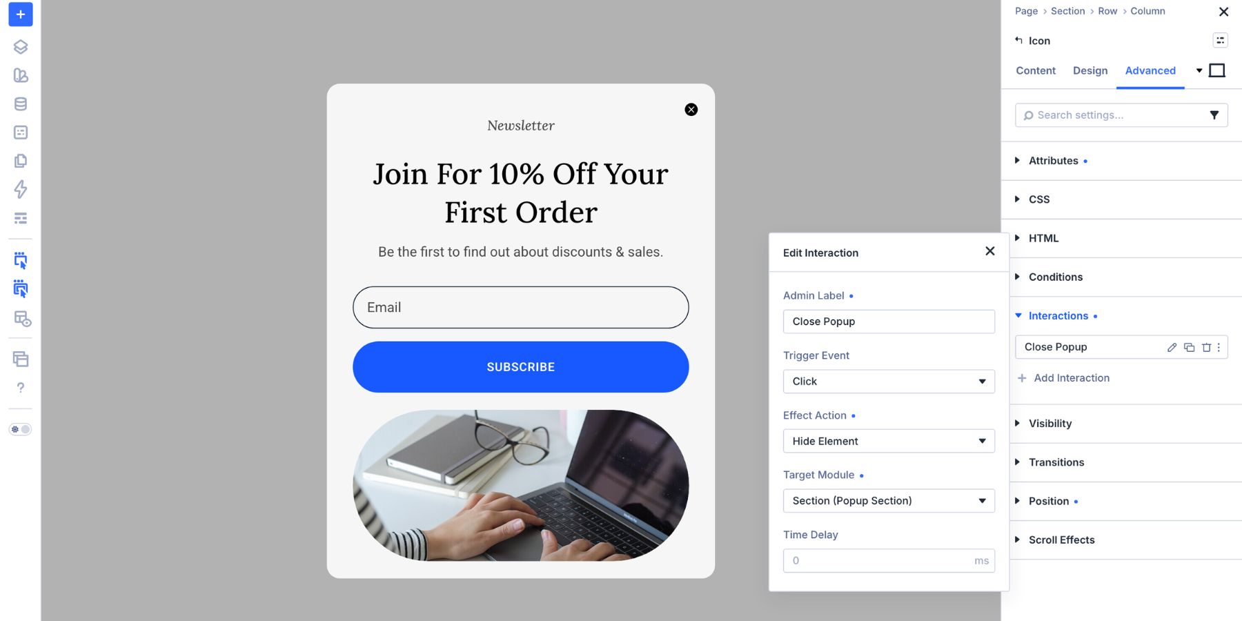 Setting up a close button Interaction for the email popup