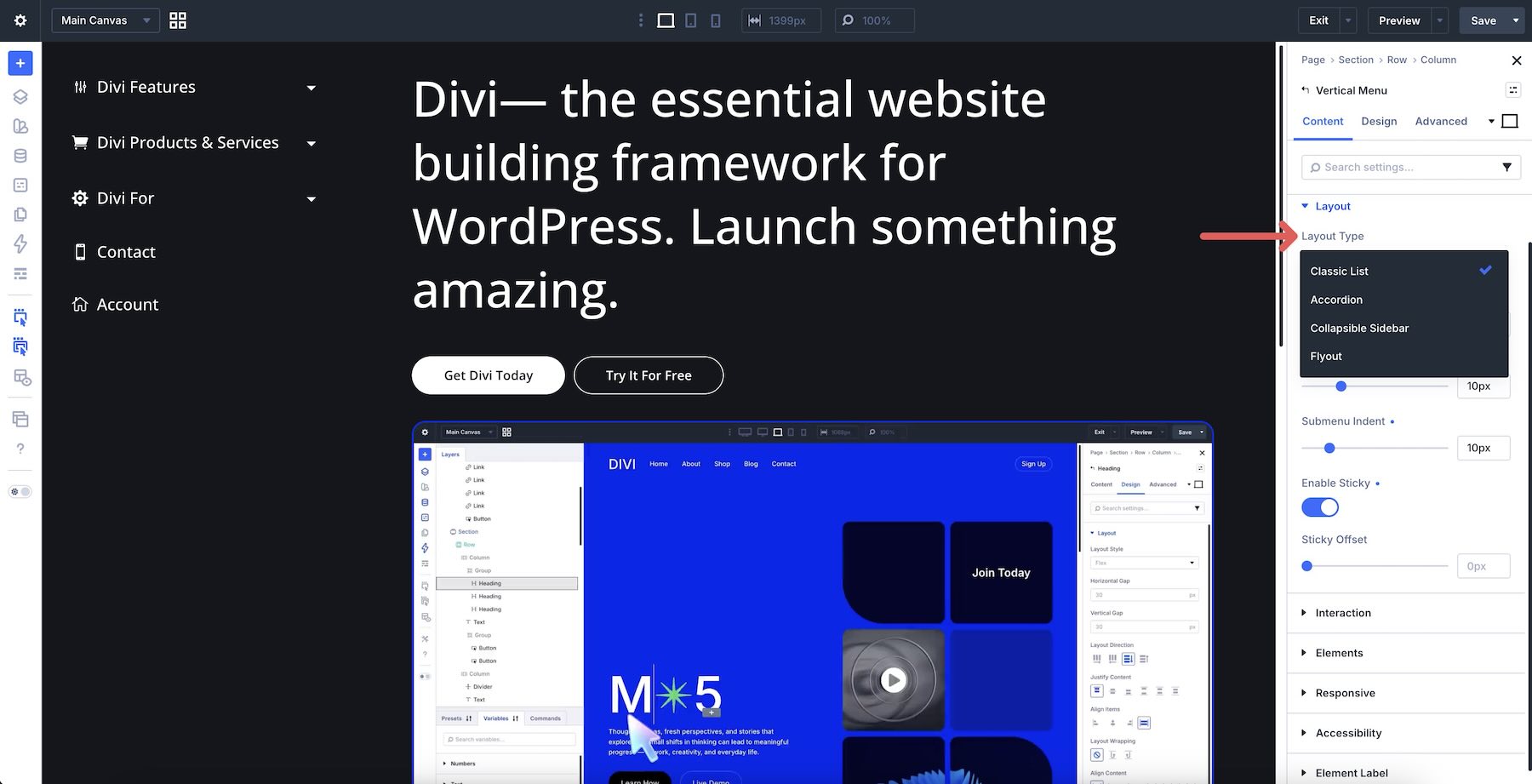 Classic List, Accordion, Collapsible Sidebar, and Flyout layouts in the Divi Vertical Menu module