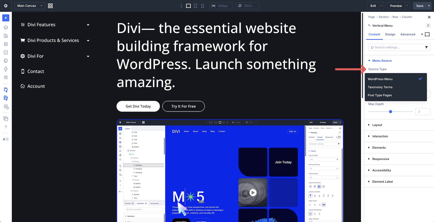 Menu source types available in the Divi Vertical Menu module