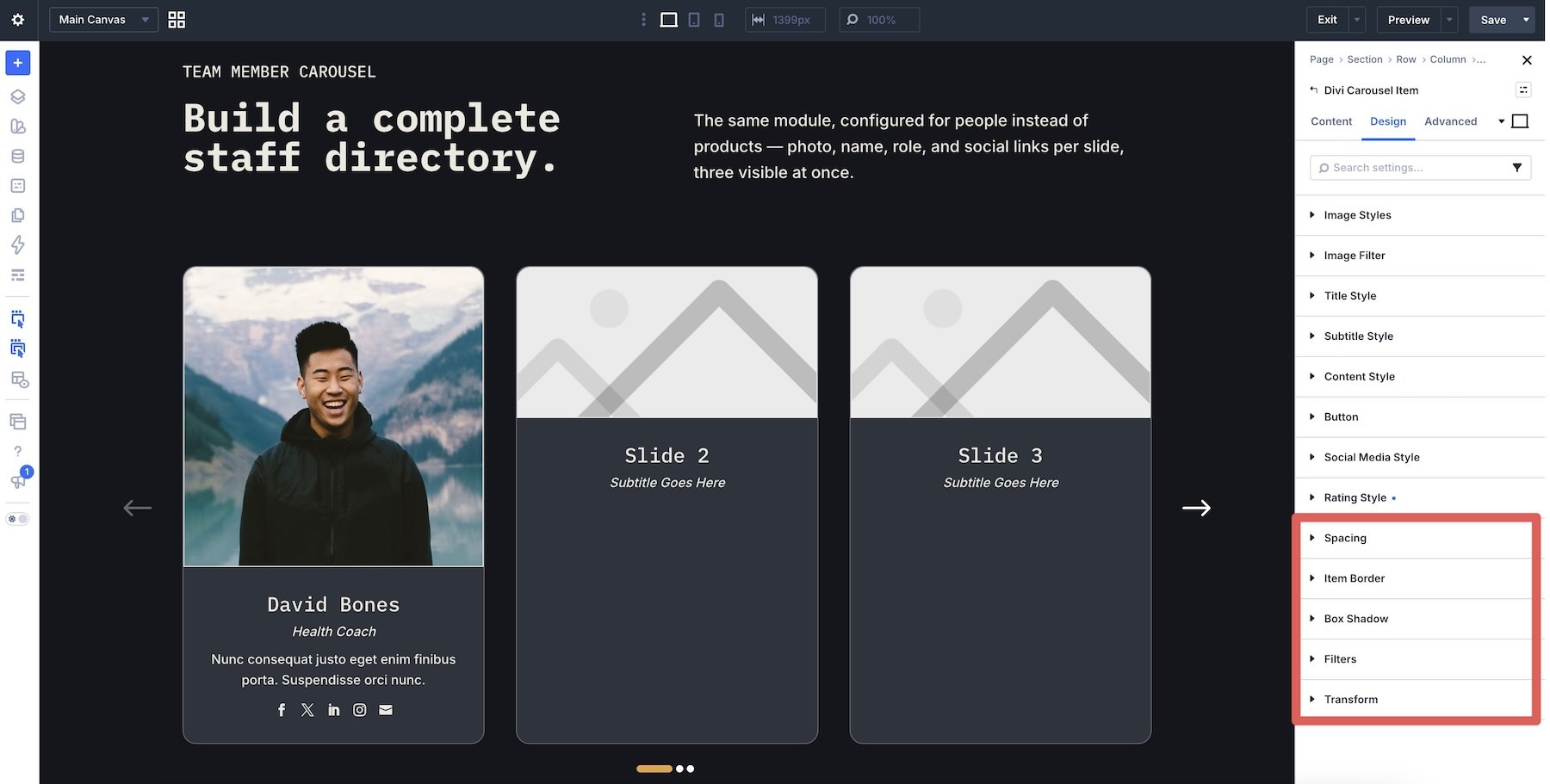 Additional Carousel Item design groups including Spacing, Border, Filters, and Transform