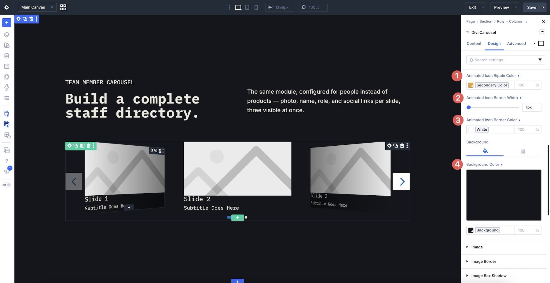 Animated overlay icon settings in Divi Carousel Module 5.0