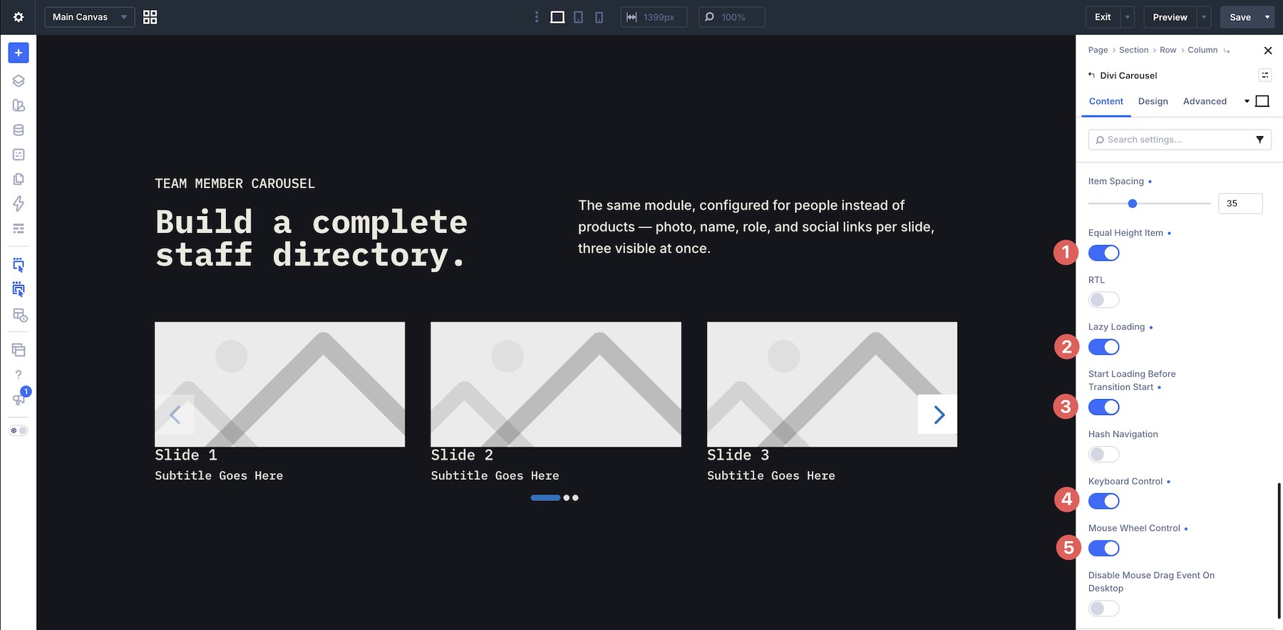 Equal Height, Lazy Loading, and navigation input options in Divi Carousel Module 5.0
