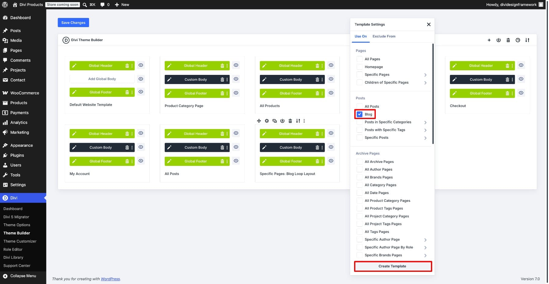 Assigning a Divi 5 Theme Builder template to the Blog