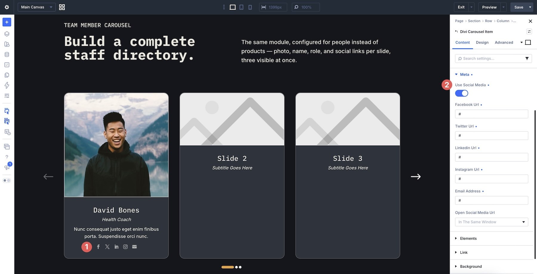 Social media link fields inside a Divi Carousel Item