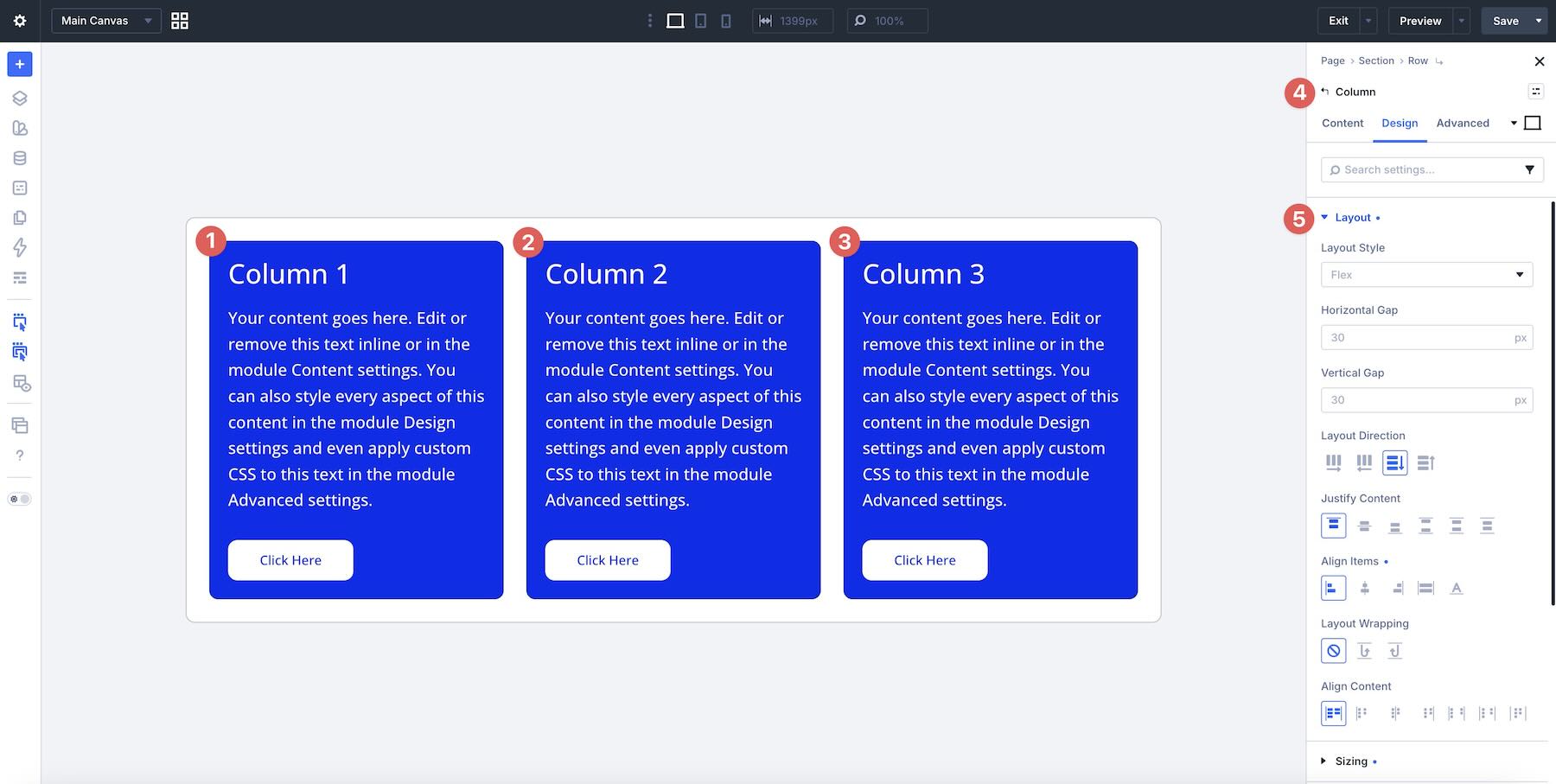 Column Flex settings in Divi 5
