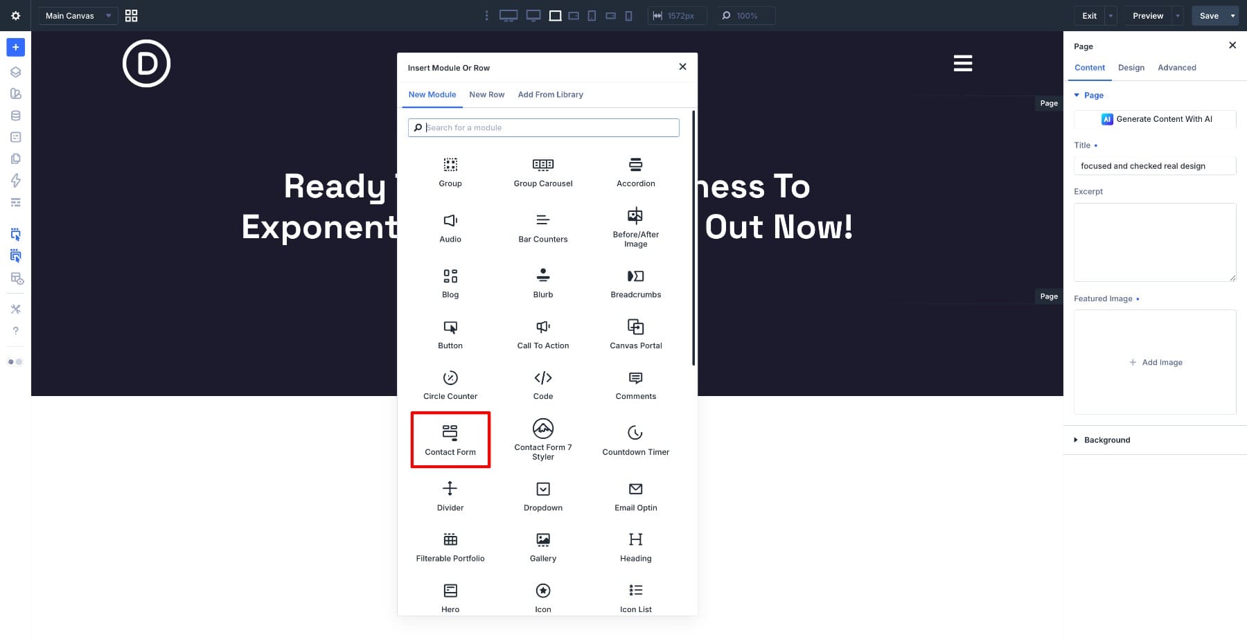 Contact Form module added below the headings