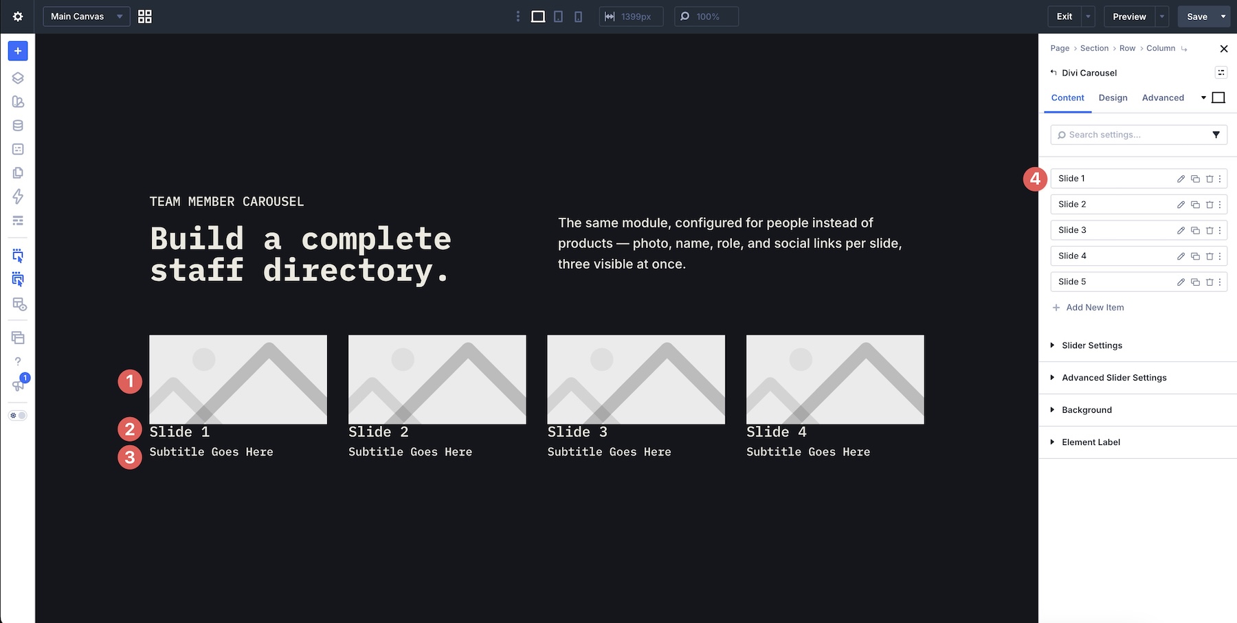 Five default Carousel Items inside Divi Carousel Module 5.0