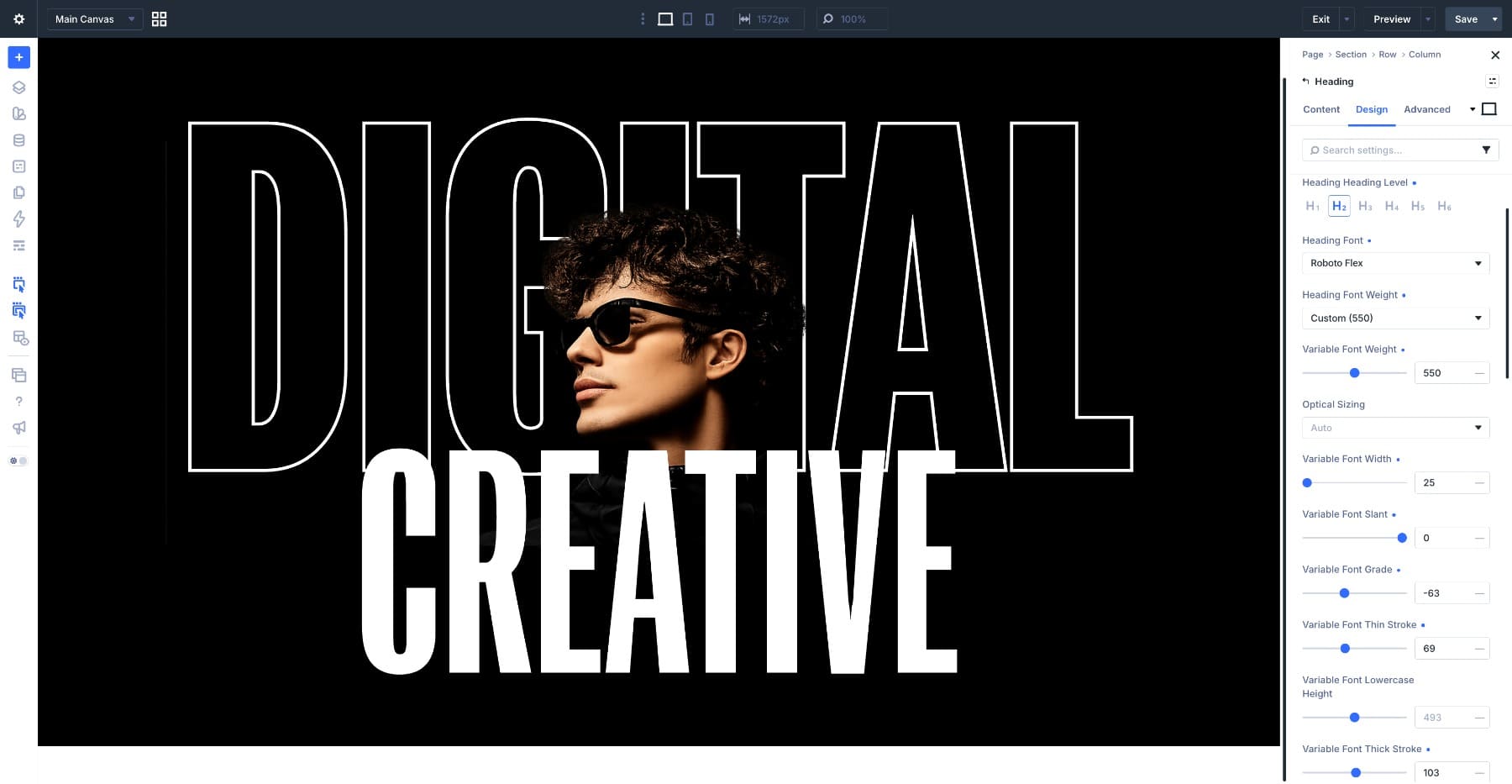 Variable font settings for the CREATIVE heading