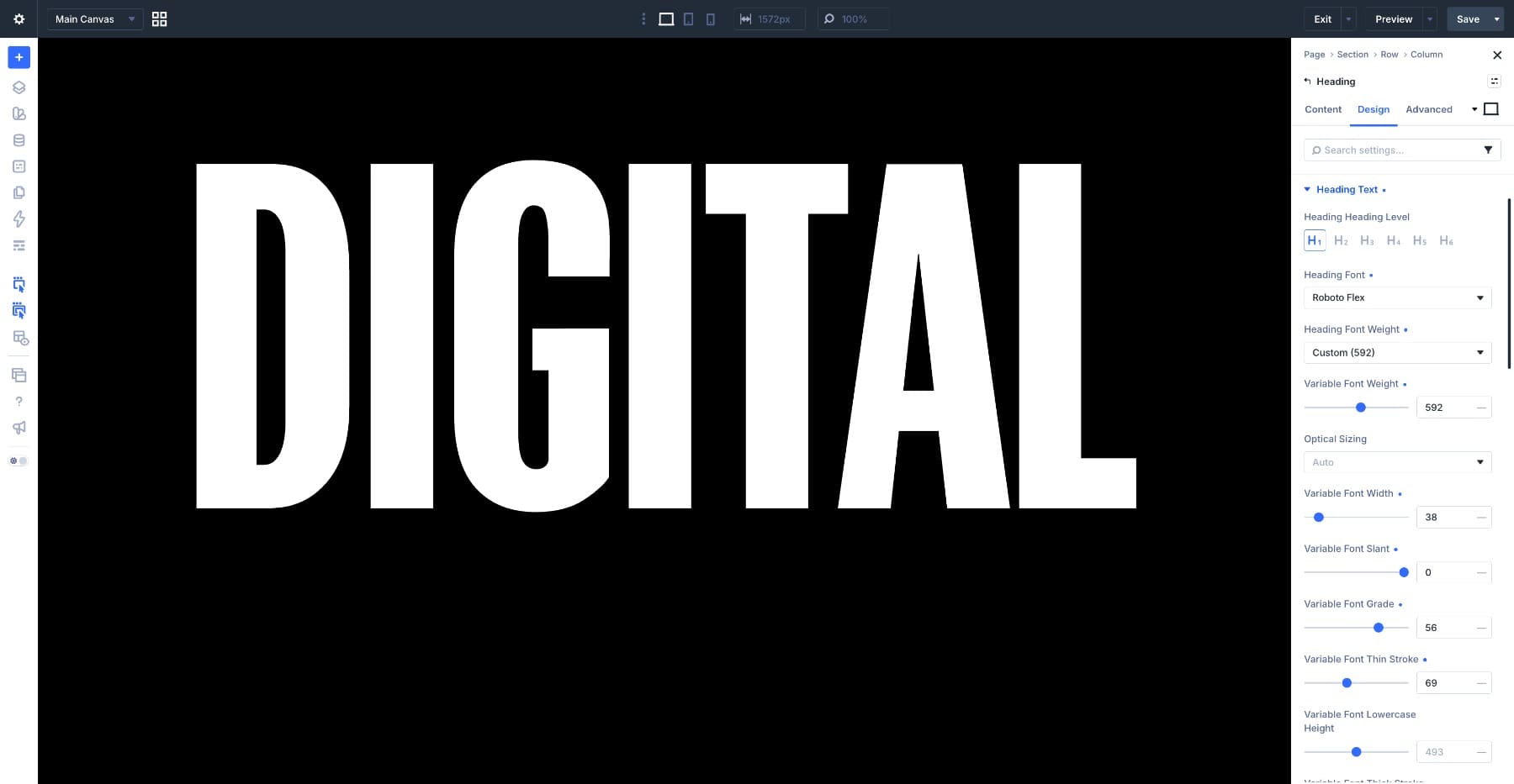 Variable font settings for the outlined DIGITAL heading