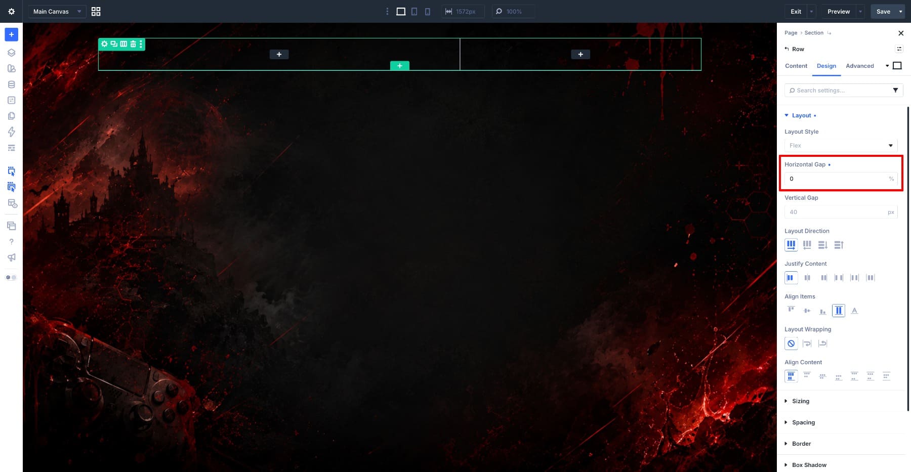 Setting the row horizontal gap to zero in Divi 5