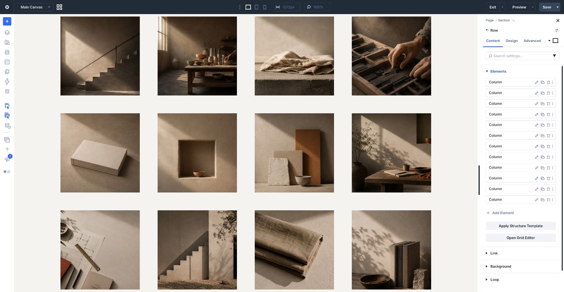 Twelve Image modules added as children of the Grid Row