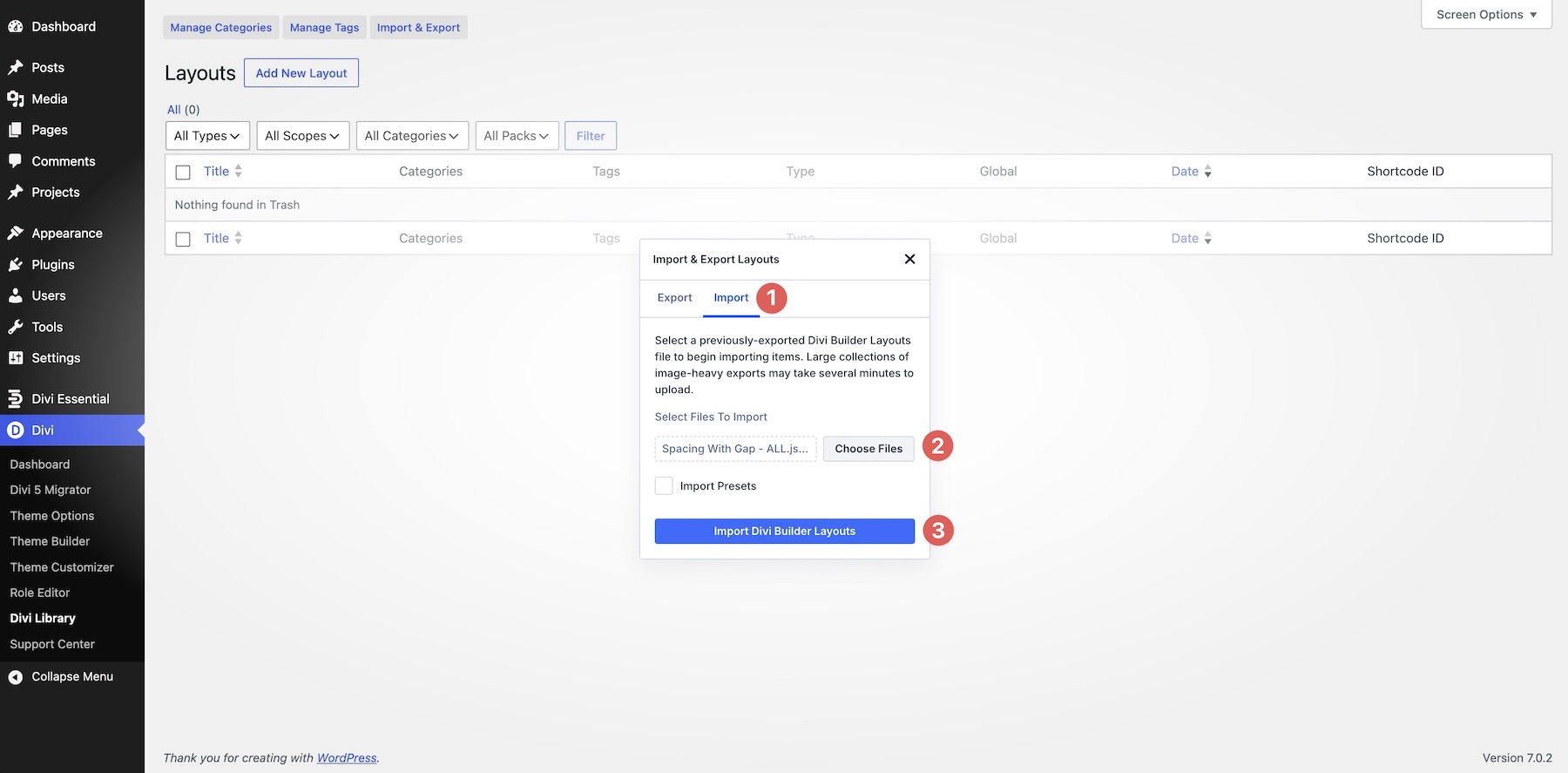 import JSON files into Divi Library