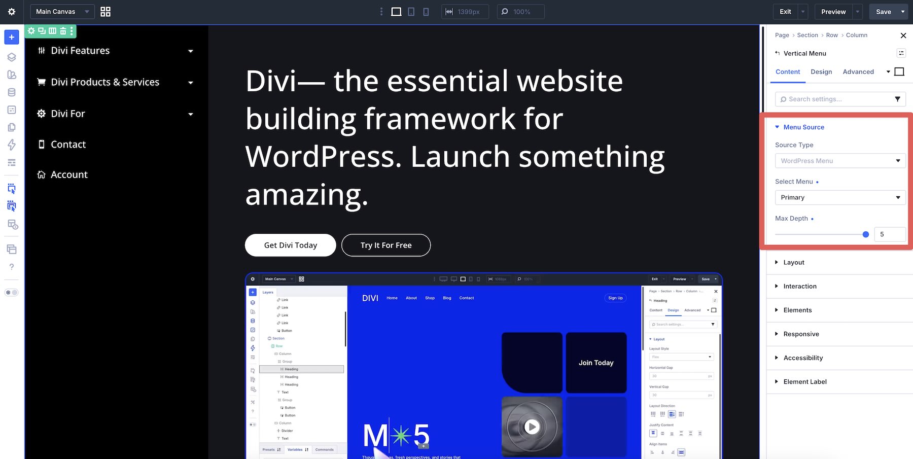 Menu Source and Max Depth settings in the Divi Vertical Menu module