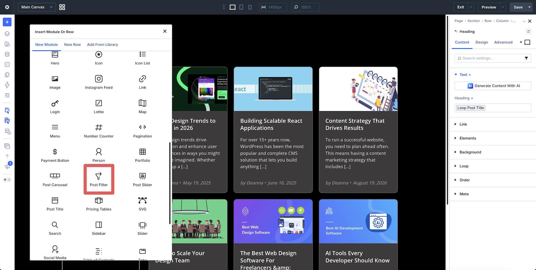 Adding the Post Filter Module in Divi 5
