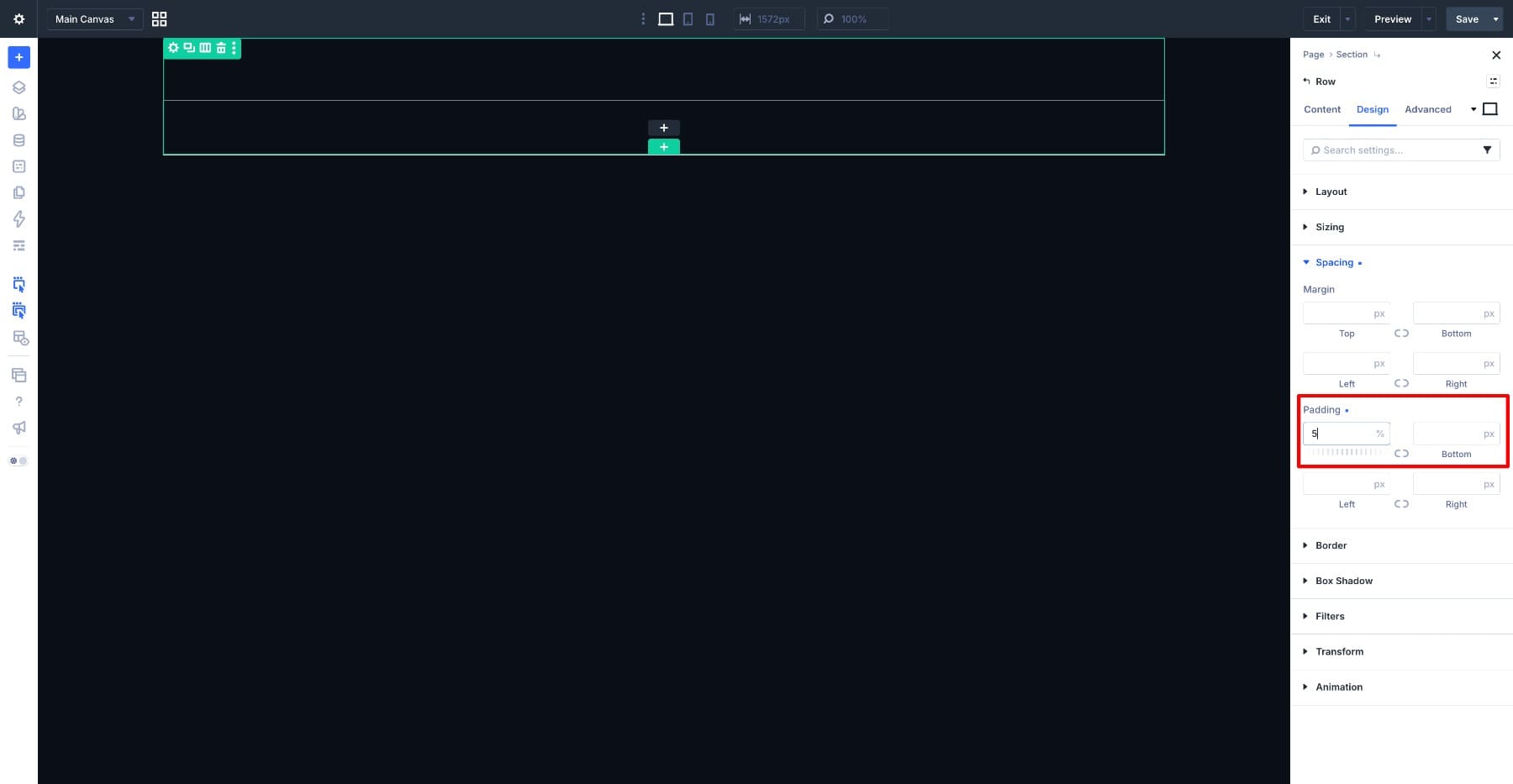 Row padding settings for the layered hero design
