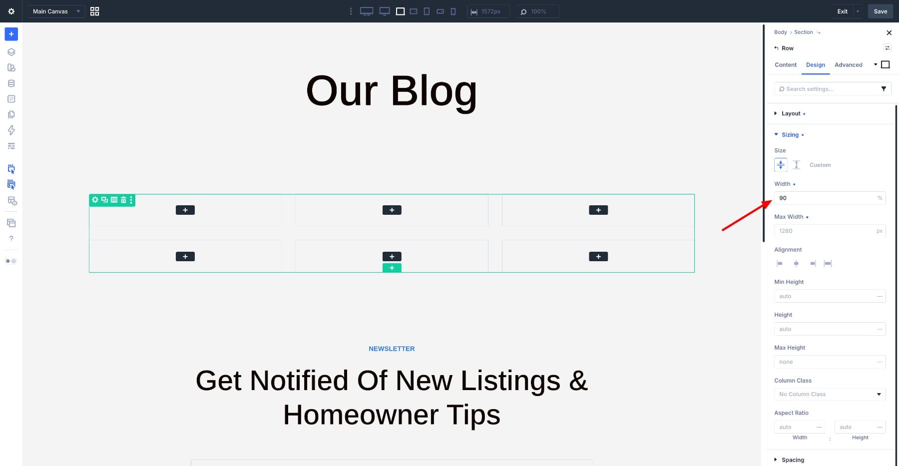 Setting the blog grid row width to 90 percent