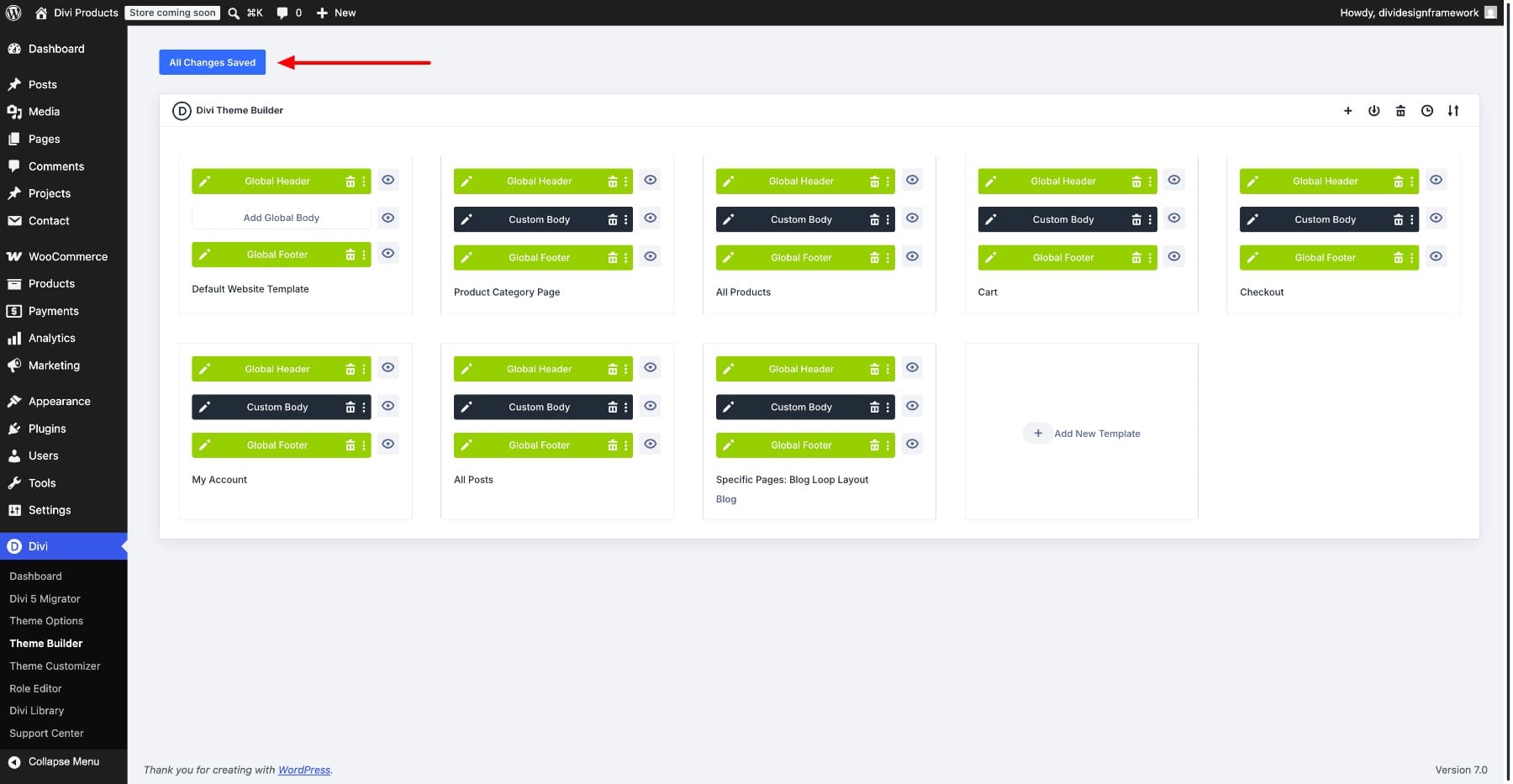 Saving changes in the Divi 5 Theme Builder