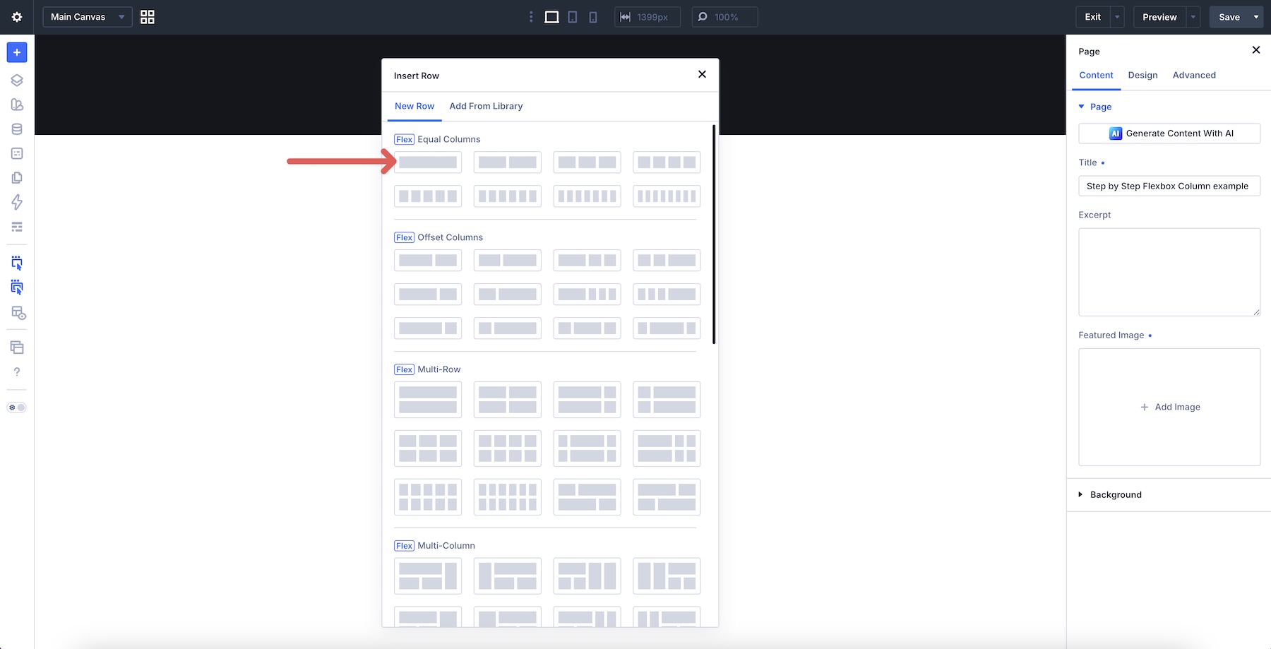 adding a single-column Flex row in Divi 5