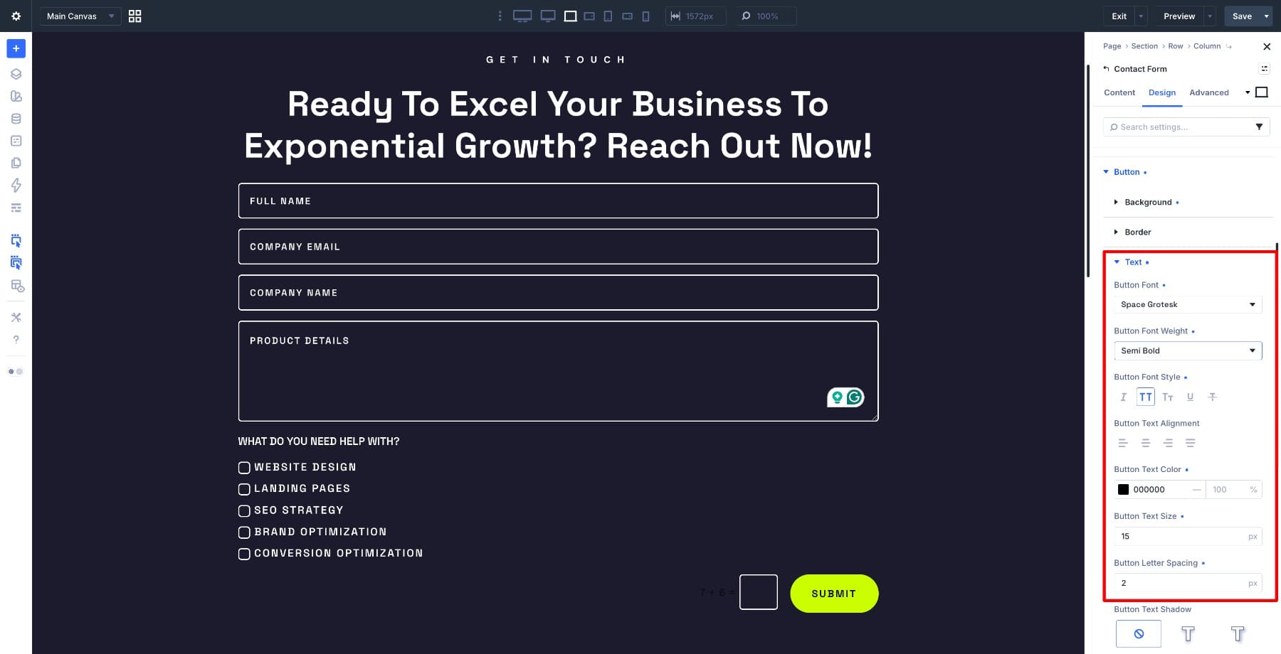 Submit button typography settings in Divi 5